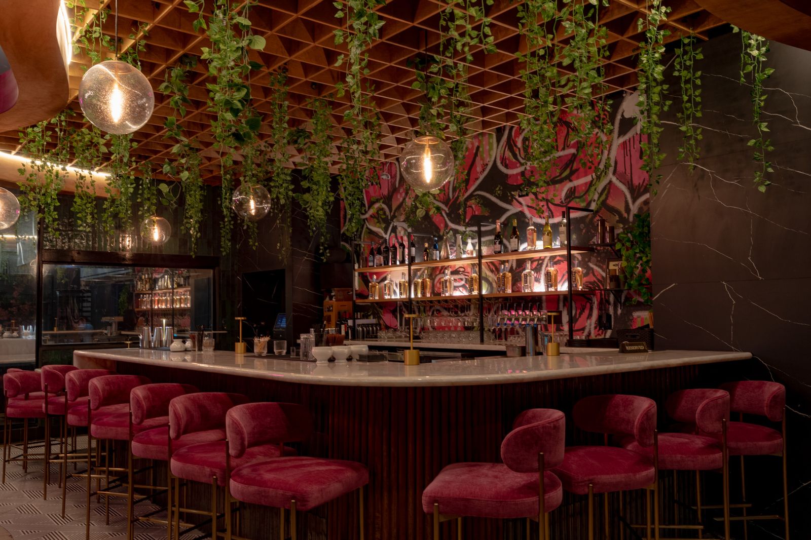 Cherryfish bar with red velvet stools, wood lattice ceiling and hanging greenery, Pacific Beach San Diego