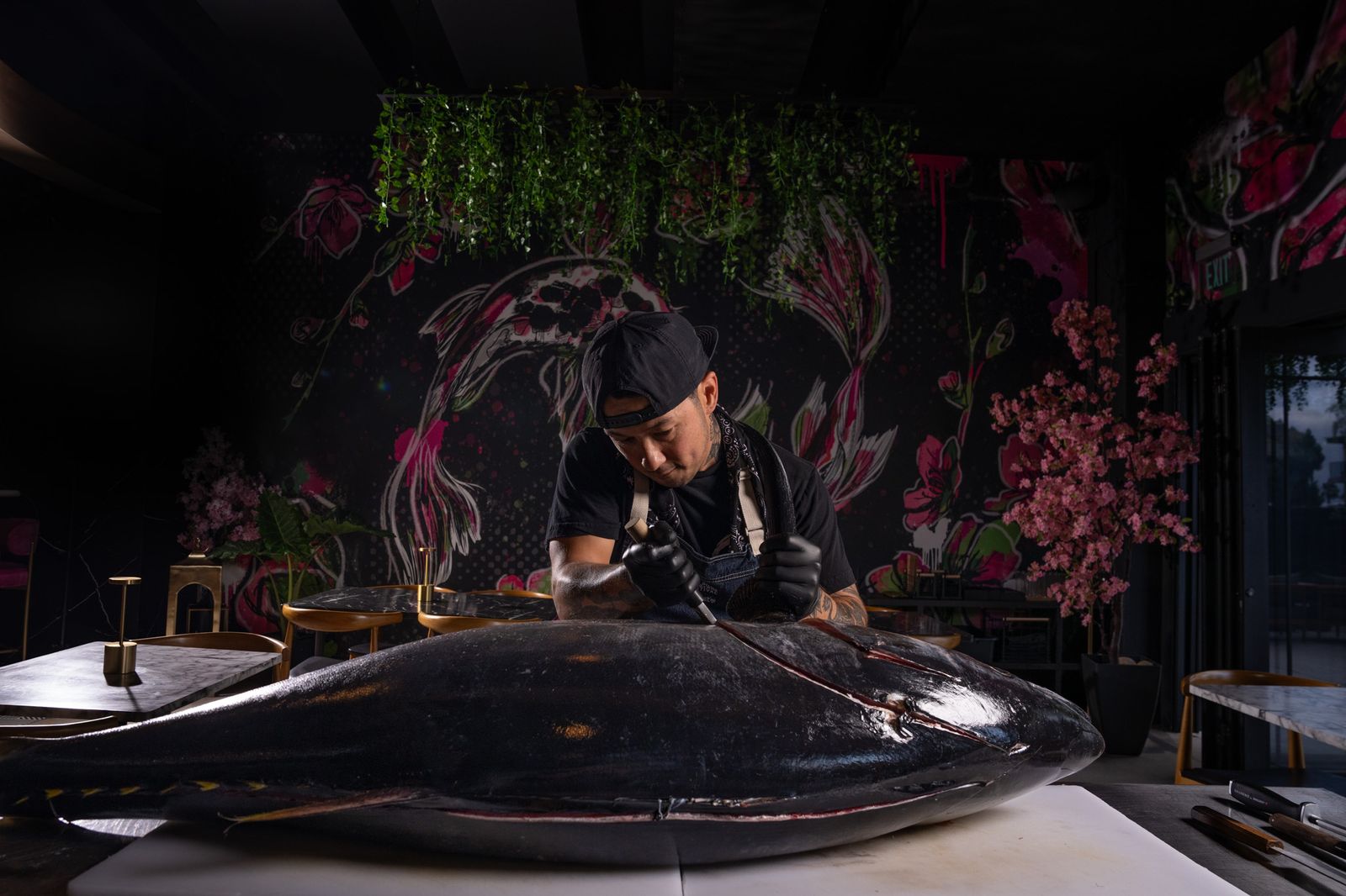 Whole bluefin tuna being broken down in the Cherryfish dining room, Pacific Beach San Diego