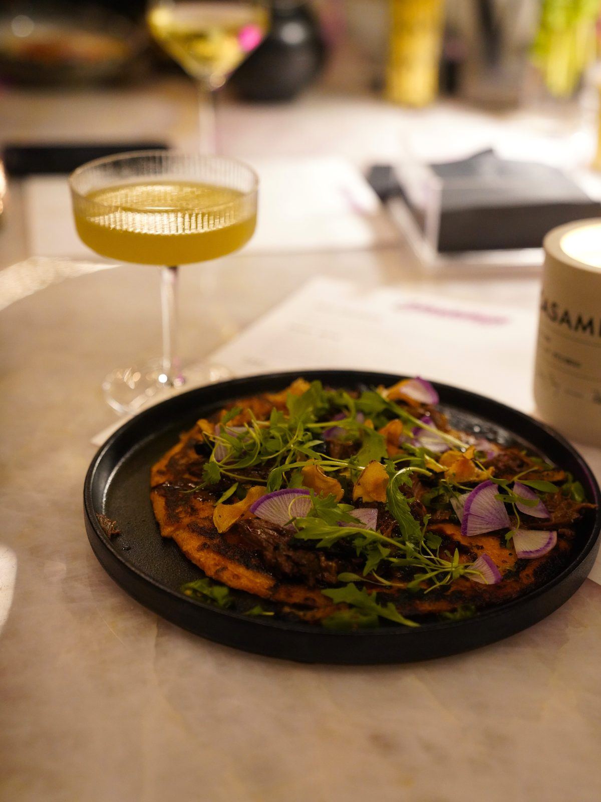 Kimchi okonomiyaki small plate with craft cocktail at Cherryfish, Pacific Beach San Diego