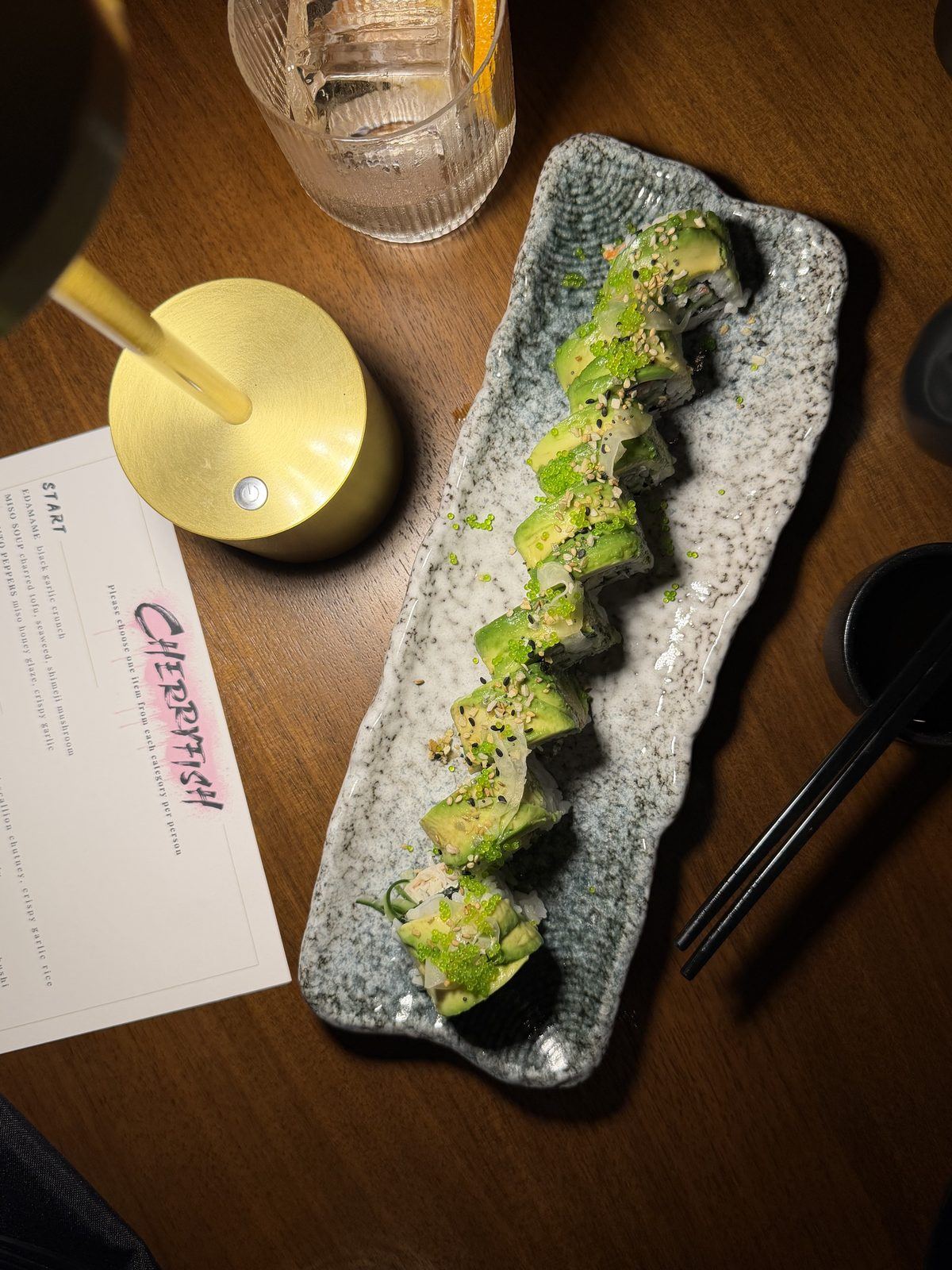 Kanpachi sushi roll with avocado and tobiko at Cherryfish, Pacific Beach San Diego